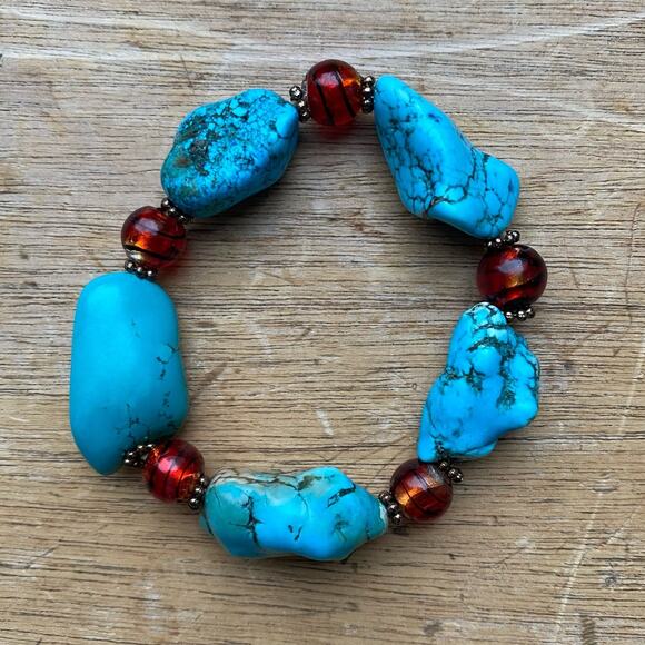 Chunky Turquoise Nugget Stretch Bracelet Bohemian Western Boho Southwestern - Picture 4 of 4